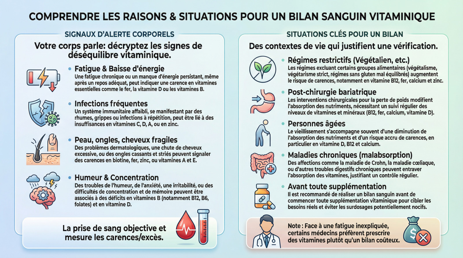 Illustration des symptômes de carences et situations nécessitant un bilan sanguin