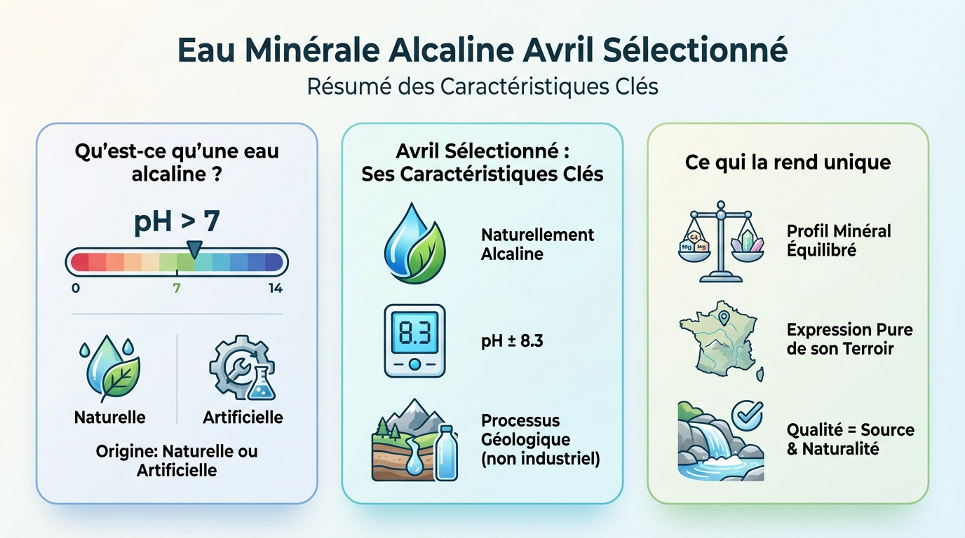 Bouteille d'eau minérale alcaline Avril Sélectionné montrant son origine naturelle et son pH de 8.3