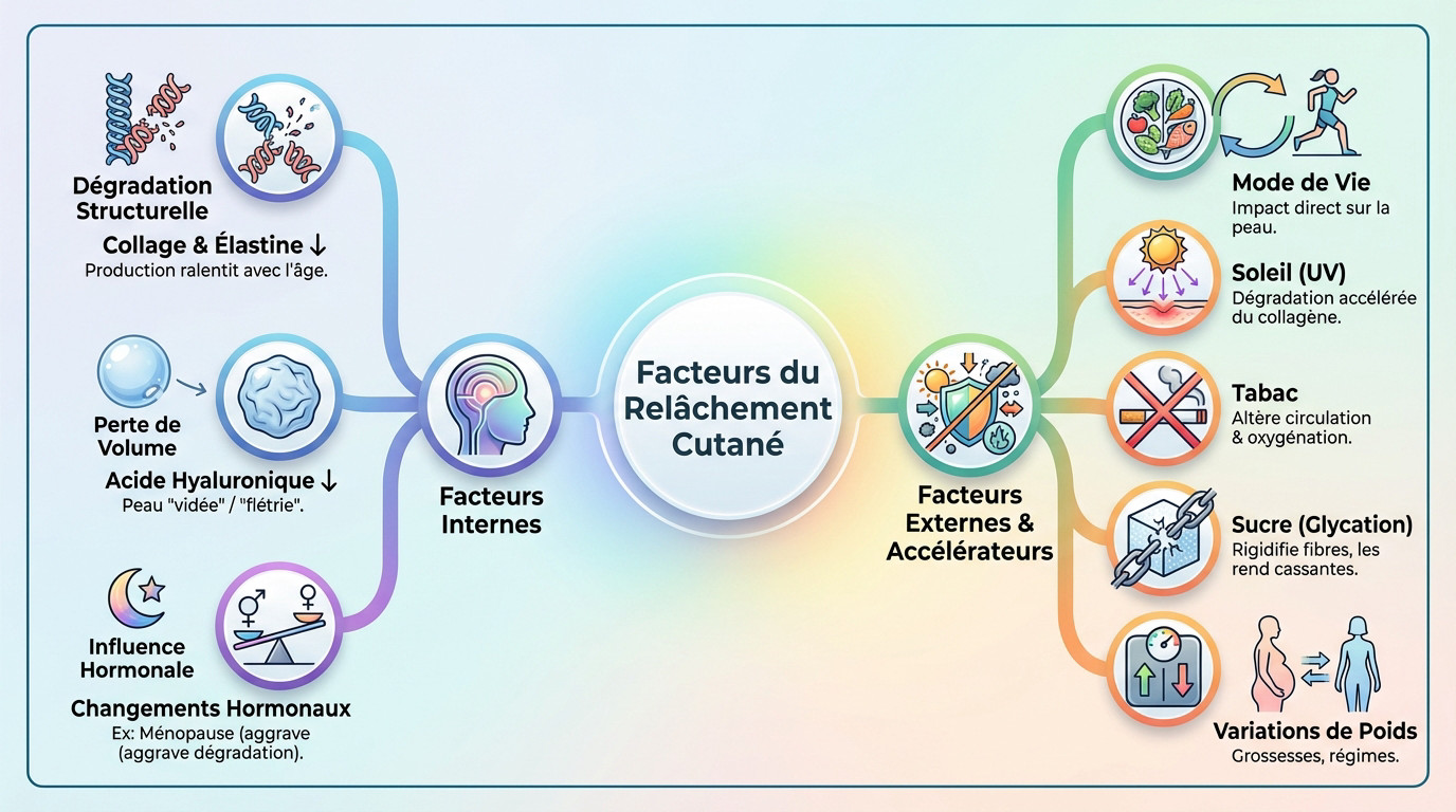 Schéma illustrant la dégradation des fibres de collagène et d'élastine responsables du relâchement cutané
