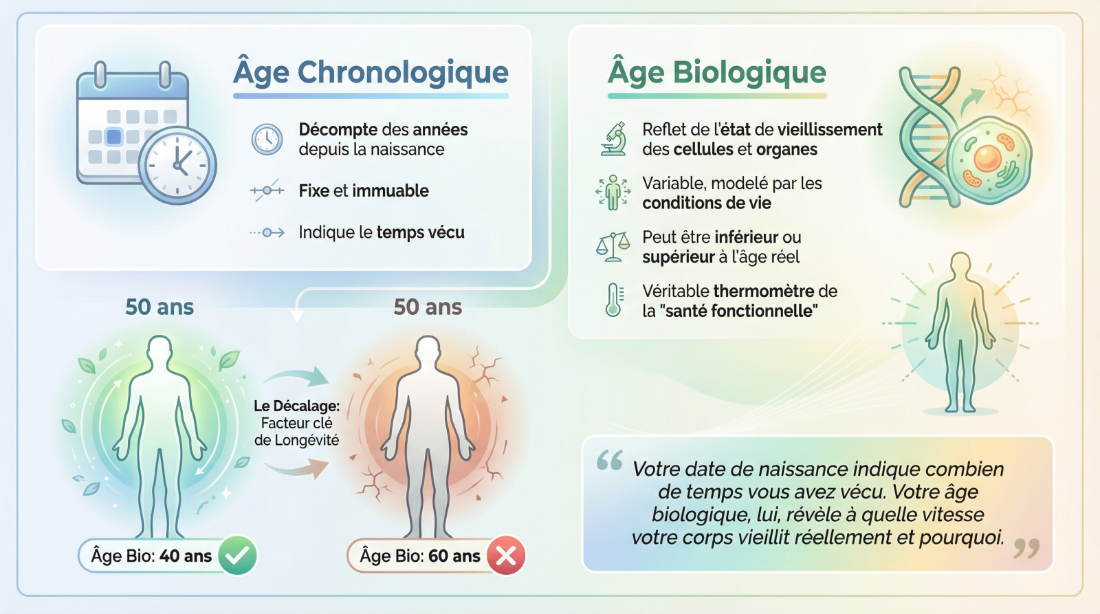 Comparaison visuelle entre l'âge chronologique sur le calendrier et l'âge biologique reflétant la santé cellulaire