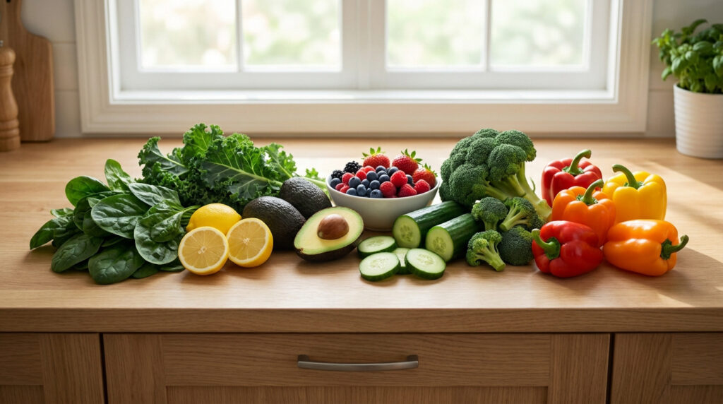 Aliments alcalins comme les épinards et citrons pour équilibrer le pH sanguin