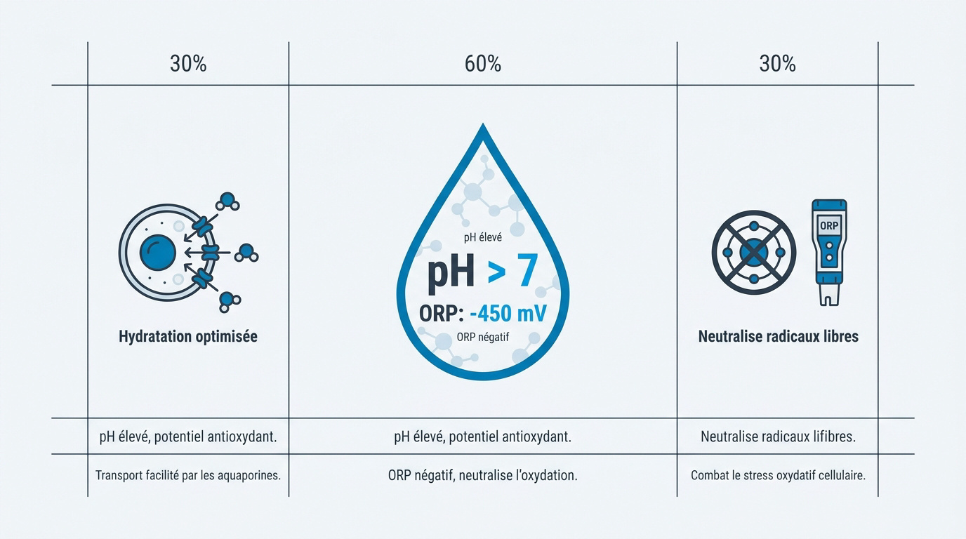 Infographie sur les bénéfices de l'eau alcaline et l'ORP négatif pour l'hydratation