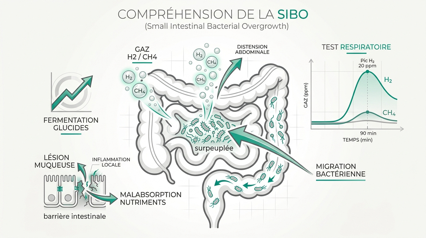 Infographie explicative sur le mécanisme de surpopulation bactérienne SIBO