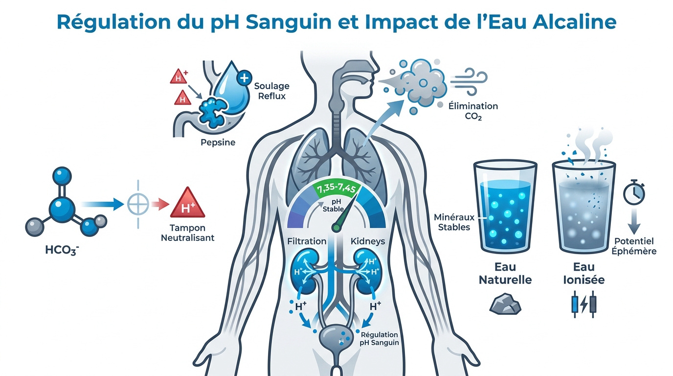 Schéma de la régulation du pH sanguin par les reins et les poumons