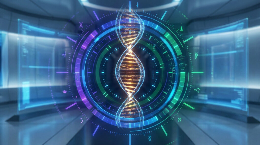 Représentation numérique d'une double hélice d'ADN au centre d'une interface technologique futuriste lumineuse.