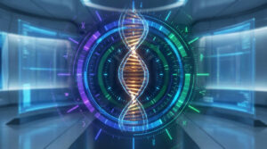 Représentation numérique d'une double hélice d'ADN au centre d'une interface technologique futuriste lumineuse.