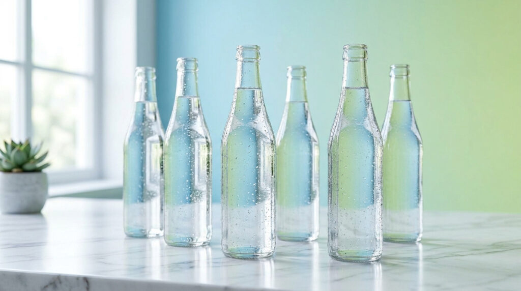 Six bouteilles en verre transparent remplies d'eau fraîche sur un comptoir en marbre avec un arrière-plan dégradé.