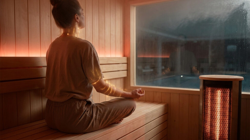 Une femme médite dans un sauna infrarouge, avec des ondes lumineuses dorées symbolisant l'énergie sur son bras.
