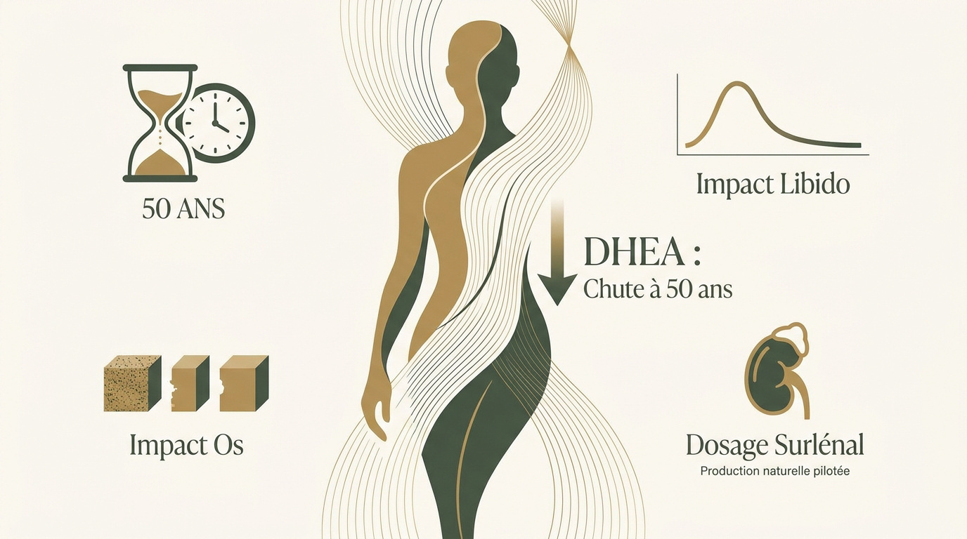 Graphique montrant la chute du taux de DHEA chez la femme à 50 ans