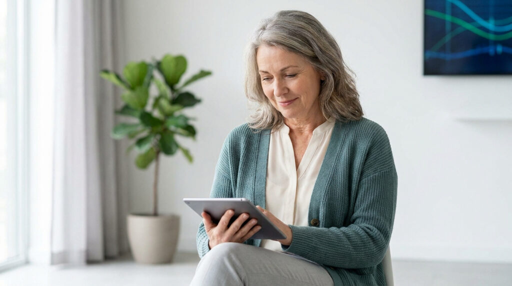 Une femme mûre aux cheveux gris souriante regarde une tablette numérique dans un intérieur moderne et lumineux.