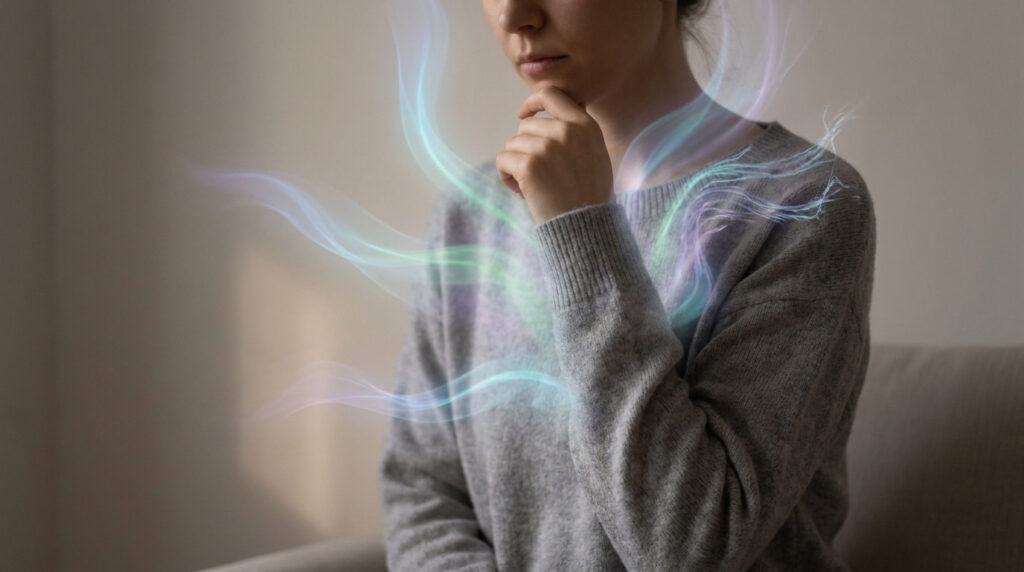 Femme pensive avec une aura lumineuse émanant de sa poitrine