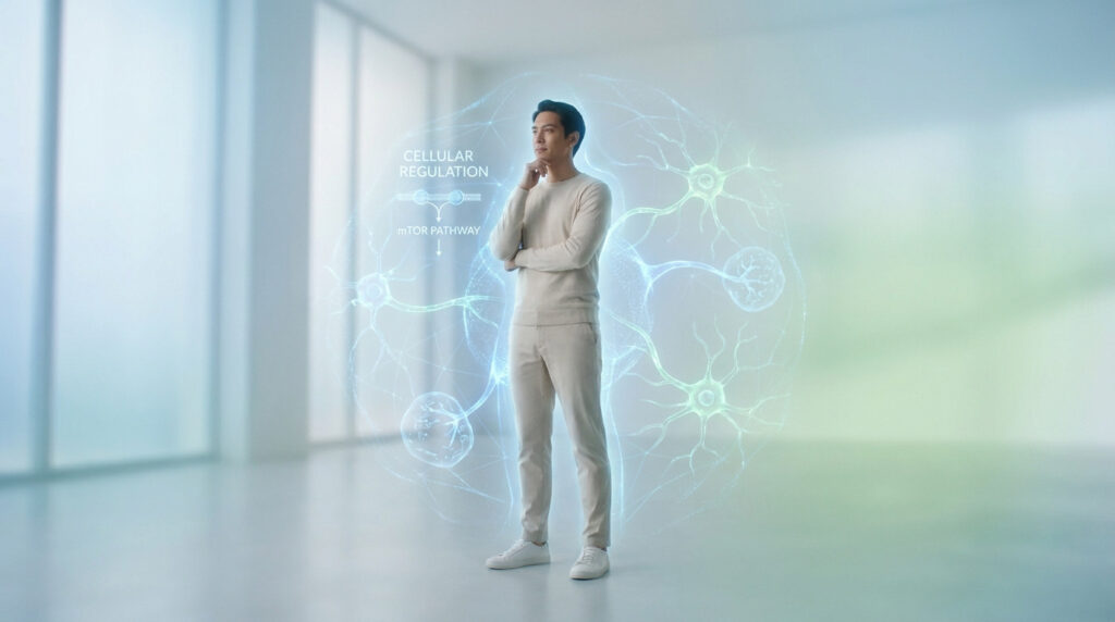 Un homme debout dans un environnement épuré, entouré d'une interface holographique représentant la régulation cellulaire.