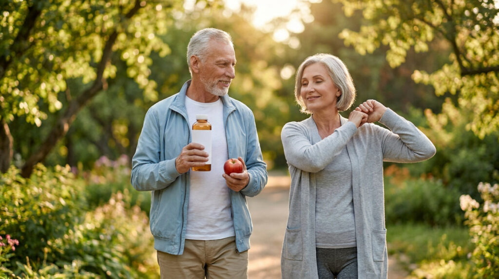 Couple de seniors souriants marchant dans un parc ensoleillé, l'homme tient une pomme et une bouteille de boisson santé.