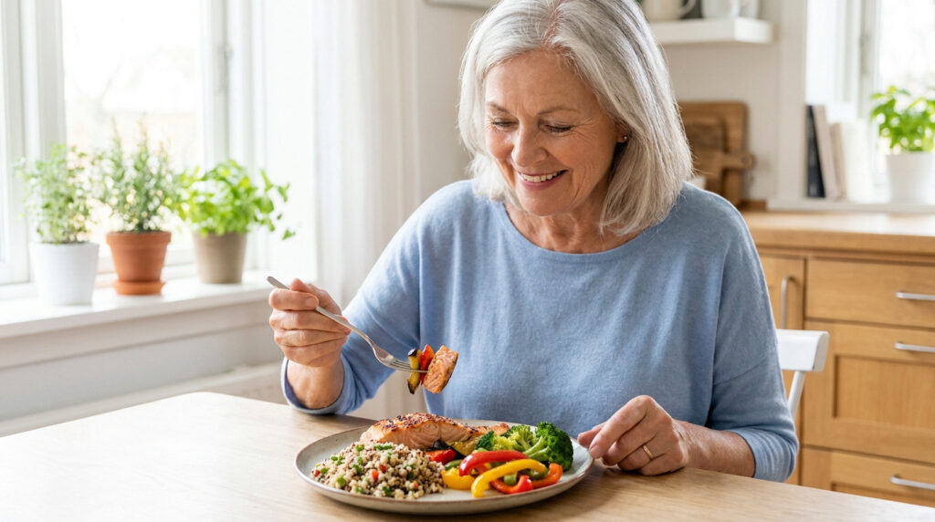 Une femme âgée souriante mange un repas équilibré composé de saumon, de quinoa et de légumes dans une cuisine lumineuse.