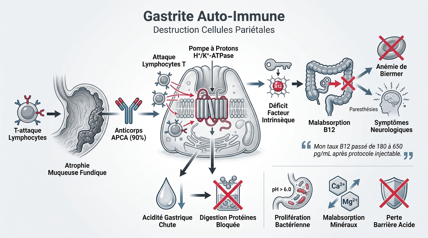 Schéma de la destruction des cellules pariétales gastriques par le système immunitaire