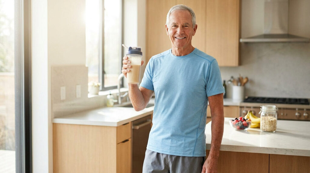 Un homme âgé souriant en tenue de sport tient un shaker protéiné dans une cuisine moderne et lumineuse.