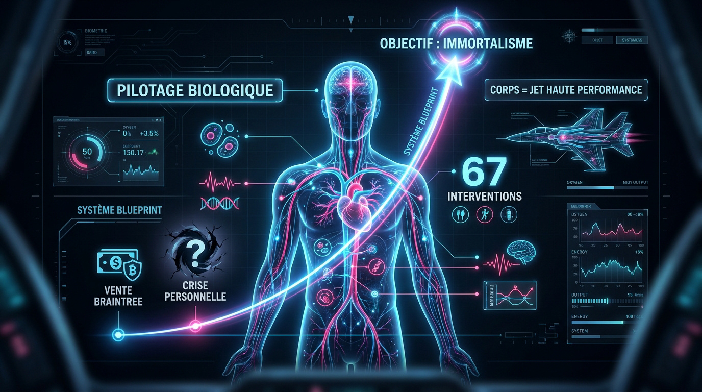 Infographie montrant le pilotage biologique et les piliers de l'immortalisme selon Bryan Johnson