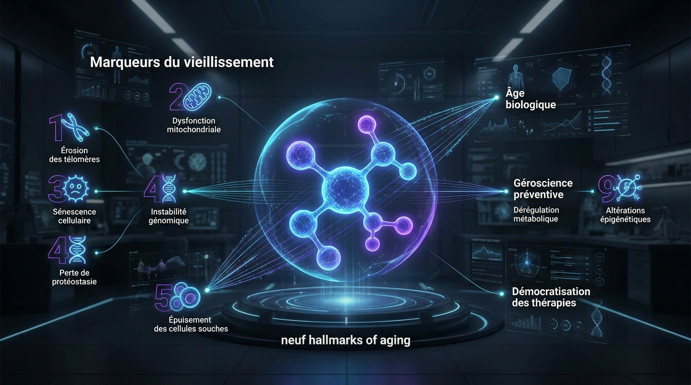 Infographie détaillant les 9 marqueurs biologiques du vieillissement cellulaire