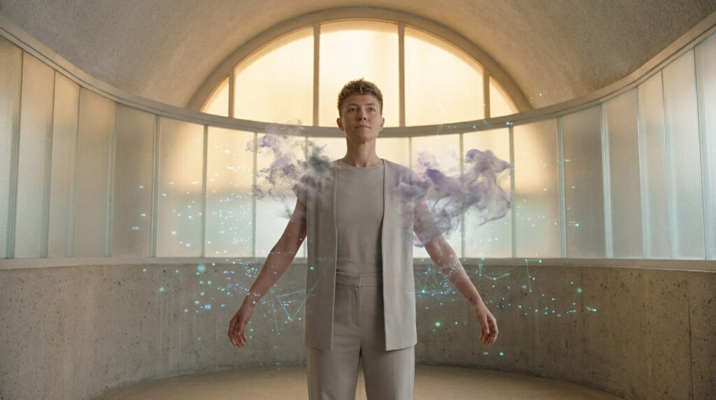 Une personne debout dans un couloir moderne, entourée d'effets visuels digitaux représentant des données de santé.