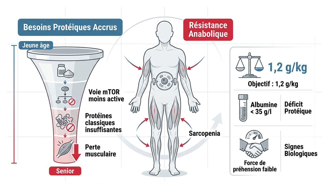 Graphique montrant l'augmentation des besoins protéiques pour contrer la sarcopénie après 60 ans