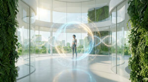 Une femme debout dans une sphère lumineuse avec un brin d'ADN dans un environnement futuriste et végétalisé.