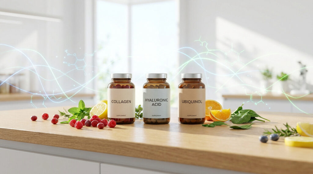 Trois flacons de compléments alimentaires (collagène, acide hyaluronique, ubiquinol) posés sur une table avec des fruits.