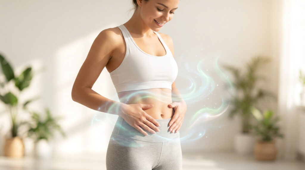 Femme souriante en tenue de sport touchant son ventre avec des effets lumineux autour de sa zone abdominale.