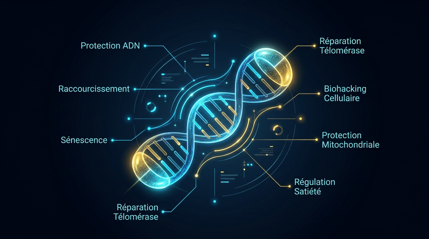 Représentation moléculaire des télomères et de l'enzyme télomérase en action