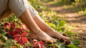 Pieds nus reposant sur un sol forestier avec des feuilles rouges et des marrons, évoquant la circulation sanguine.