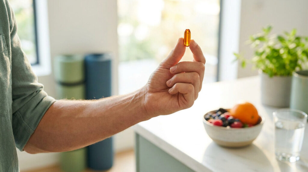 Main tenant une gélule dorée translucide, avec un bol de fruits et un verre d'eau en arrière-plan.