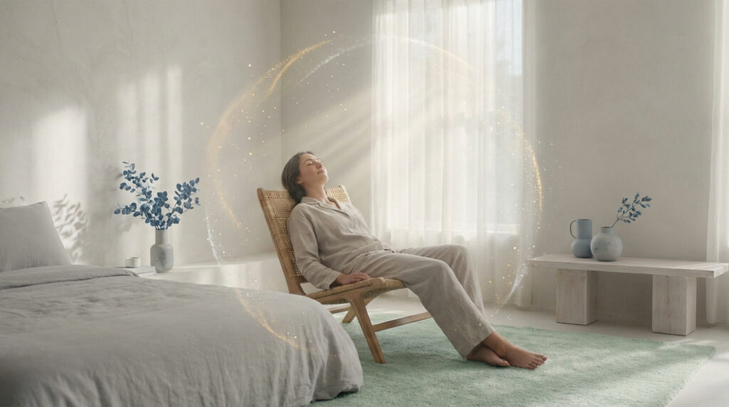 Femme détendue dans une chambre lumineuse entourée d'une aura dorée scintillante symbolisant le bien-être.
