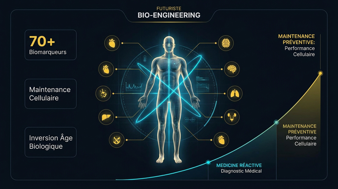 Tableau de bord futuriste de bio-ingénierie affichant des biomarqueurs en temps réel
