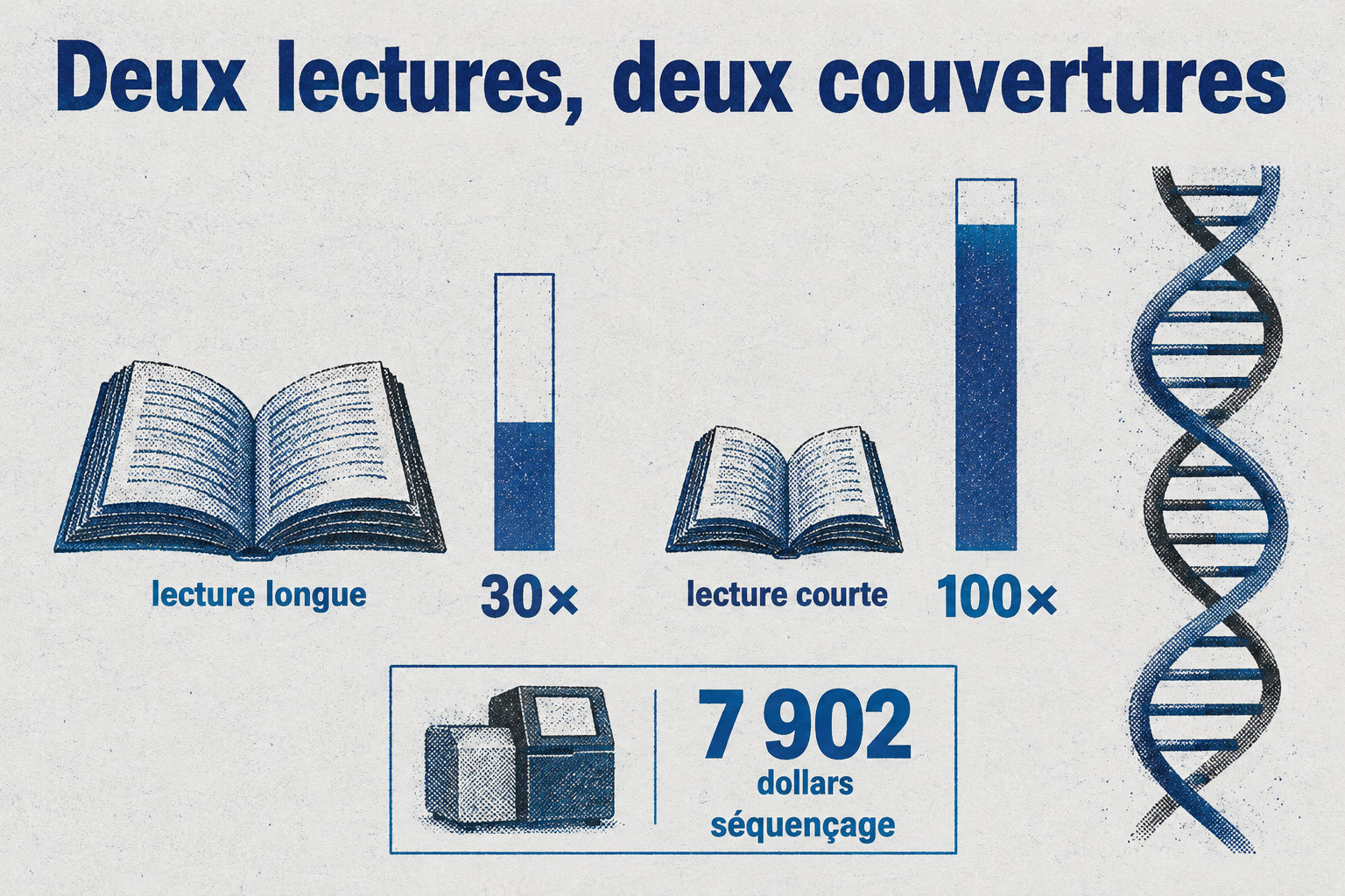 Le séquençage à 7 902 dollars associe une lecture longue à 30× et une lecture courte à 100×.