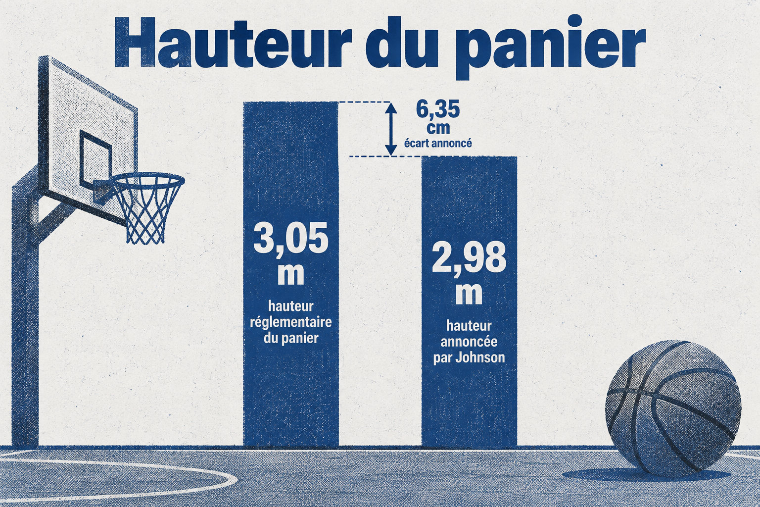 Le panier réglementaire mesure 3,05 m, contre 2,98 m annoncés par Johnson ; l’écart indiqué est de 6,35 cm.